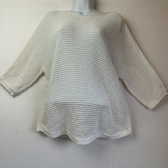 J Jill Sweater Womens M White crochet mesh knit 3/4 sleeves casual lightweight‎ - Picture 1 of 5